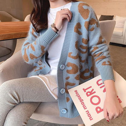 Knitted Cardigan Sweater Coat Korean Loose Leopard V-Neck Single-Breasted Student Sweater Jackets