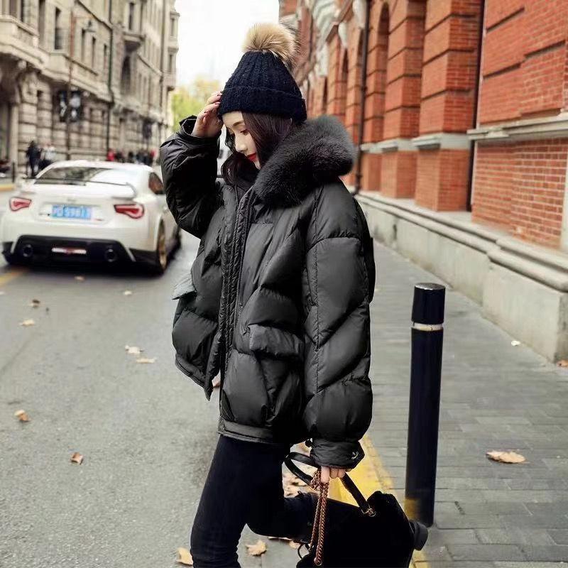 Korean Fashion Ladies Down Jacket Fox Fur Collar Thick Bread Jacket White Duck Down Short Down Jacket