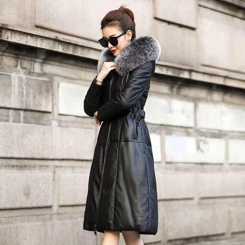Winter Plus Size Haining Leather Coat Long Fox Fur Collar Cotton Jacket Long Ladies Leather Tide