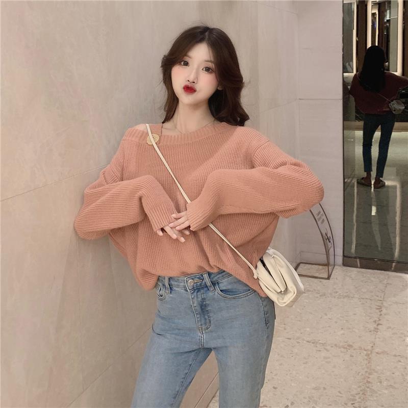 Autumn and Winter Loose Pullover Sweater Feminine Off-shoulder Long-sleeved Knitted Solid Color Warm Bottoming Top