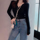 V-neck Solid Color Button Long-sleeved Knitted Bottoming Shirt Tops Women Spring and Autumn New Slim All-match Cardigan Casual Jacket