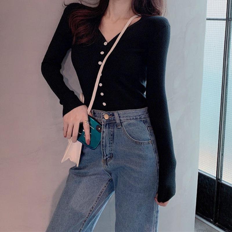 V-neck Solid Color Button Long-sleeved Knitted Bottoming Shirt Tops Women Spring and Autumn New Slim All-match Cardigan Casual Jacket