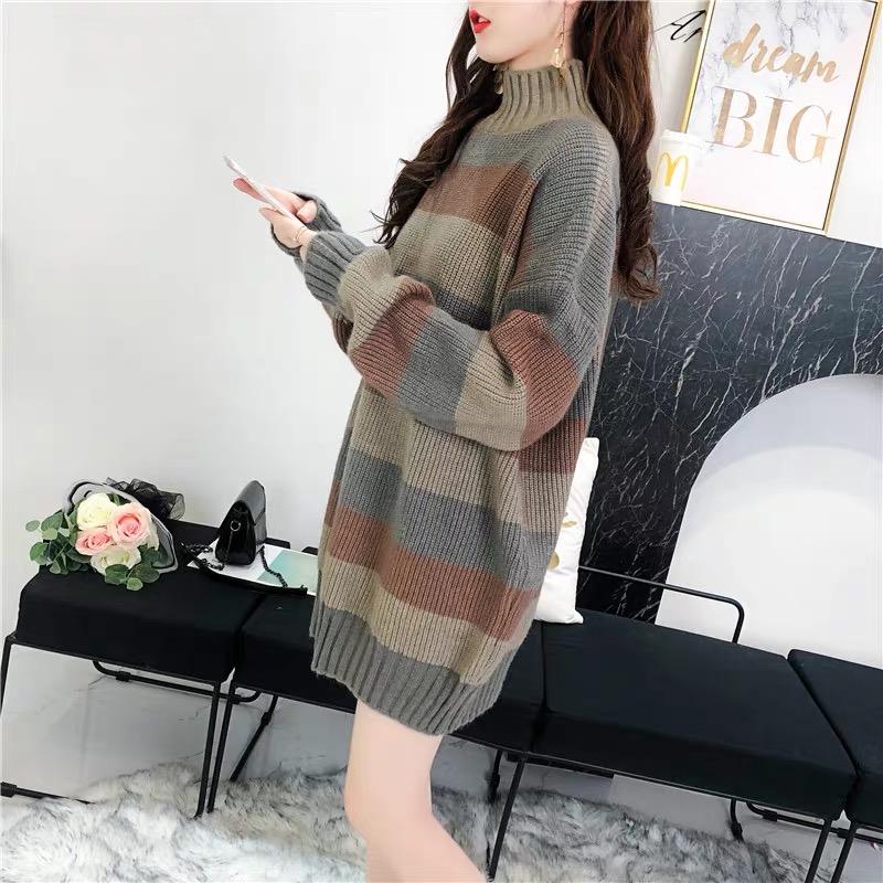 Pofulove Women Striped Turtleneck Pullover Sweater Long Sleeve Office Thicken Long Sweatshirts Top