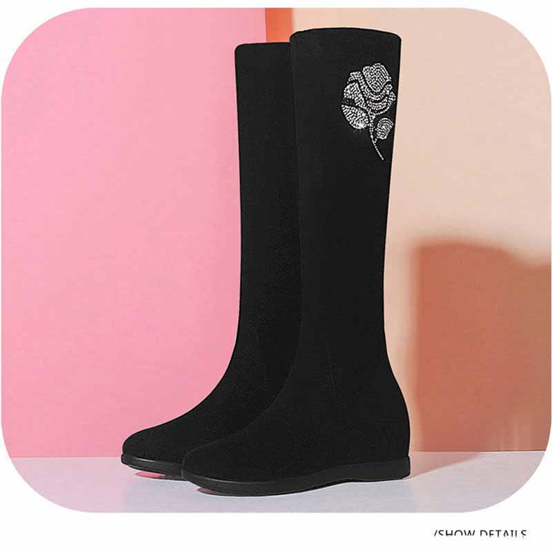 Inner High Boots Suede Elastic Short Boots Flat-bottomed Women's Boots Wild Martin Boots Single Boots Rhinestone Decoration