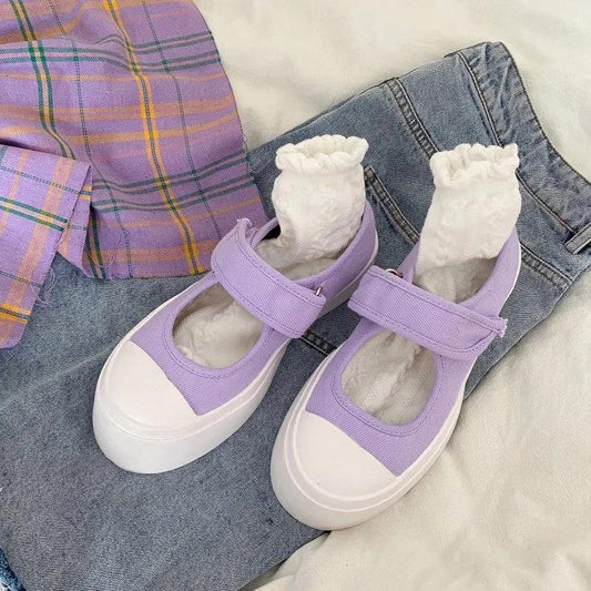 Fairy Purple Japanese Cute Thick-soled Canvas Shoes Velcro Soft Girl Student Harajuku All-match Single Shoes