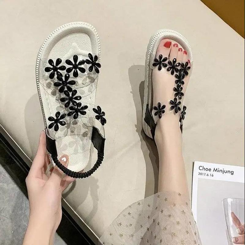 Sandals Women's Elastic Band Rhinestone Flowers Flat Soft Sole Beach Roman Sandals Outdoor Casual Sandals Women's Platform Sandals