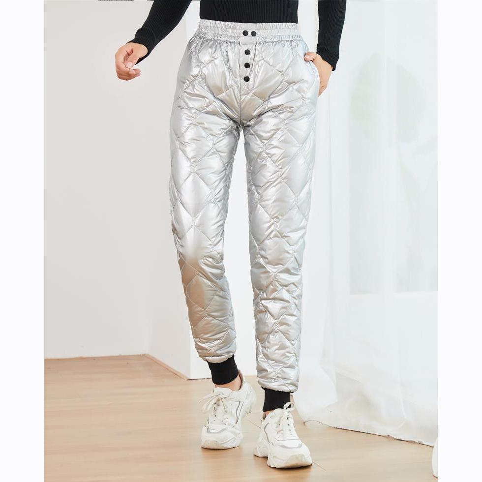 Winter Warm Thick Women Down Pants Casual High Waist Glossy Diamond Patchwork Button Harem Pants for Long Trousers
