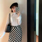 Temperament High Waist Autumn and Winter Black and White Checkerboard Checkerboard Split Bag Hip Straight Mid-length Skirt Women