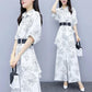 Temperament Wide-leg Pants Suit Women's Spring and Autumn Temperament Two-piece Long-sleeved Shirt + Loose Wide-leg Pants