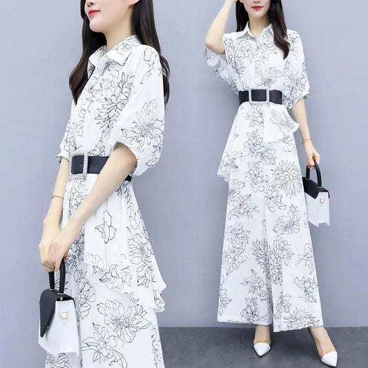 Temperament Wide-leg Pants Suit Women's Spring and Autumn Temperament Two-piece Long-sleeved Shirt + Loose Wide-leg Pants