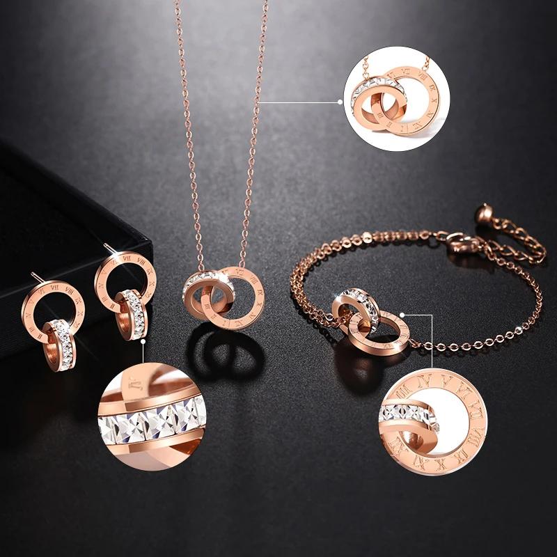 Double Ring Crystal Necklace Bracelet Earring Set Hypoallergenic Jewelry Valentine's Day Gift for Girlfriend Luxury Jewelry Set with Diamonds