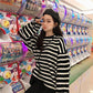 Color Striped Loose Striped Stretch Sweater Long Sleeve Round Neck Mesh Sweater Women