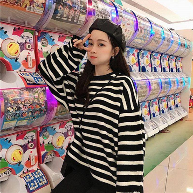 Color Striped Loose Striped Stretch Sweater Long Sleeve Round Neck Mesh Sweater Women