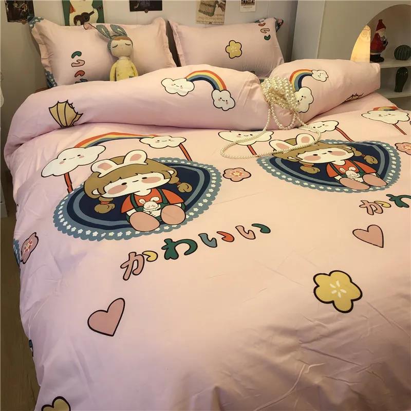 Ins Lattice Cartoon Girl Heart Bedding Four-piece Student Dormitory Three-piece Single Bed