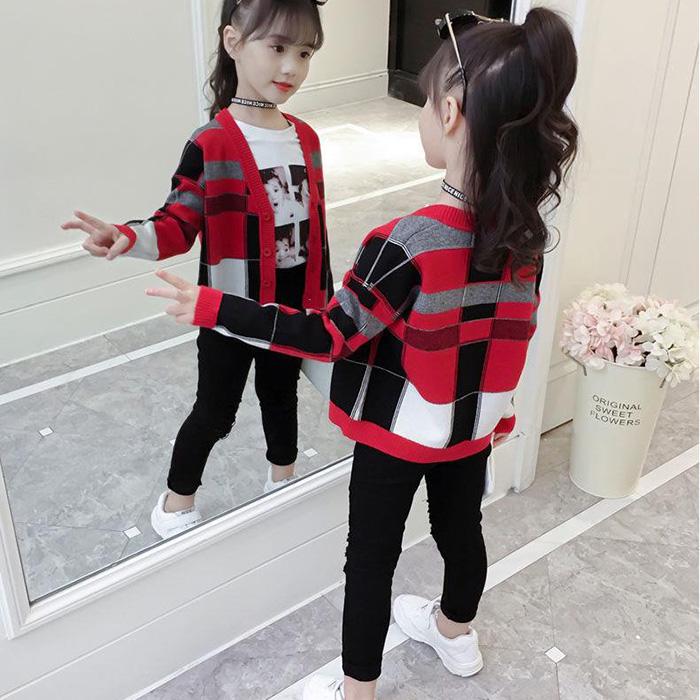 Little Girl Spring and Autumn Sweater Long-sleeved Slim Knit Cardigan Jacket Older Children's Clothing Fashion