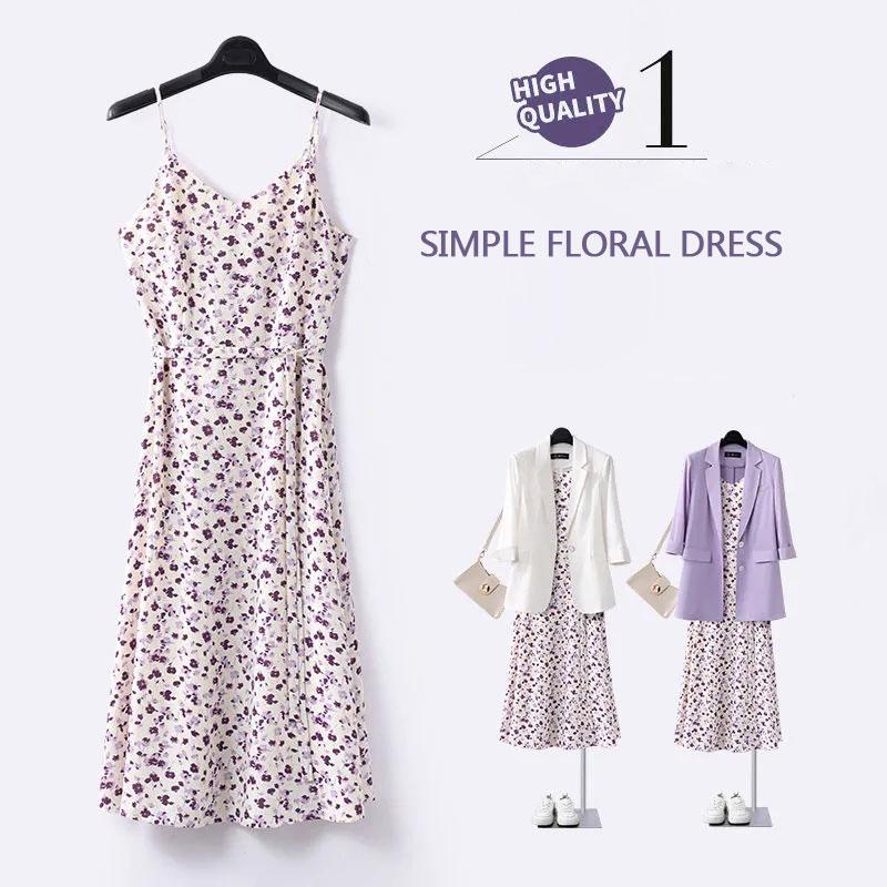 Women's Summer Casual Suit Large Size Blazer + Chiffon Floral Sling Dress Two Piece Ladies French Elegant Dress Suit