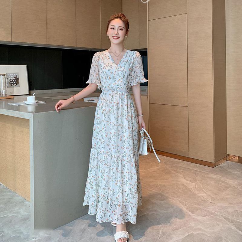 Chiffon Floral V-neck Dress Long Dress French Bellflower Ankle Long Dress Was Thin and Large Size Long Dress Ladies Chiffon Dress