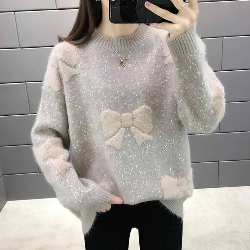 Half Turtleneck Sweater Women Autumn and Winter Loose Large Size Thick Net Red Bow Bottoming Sweater