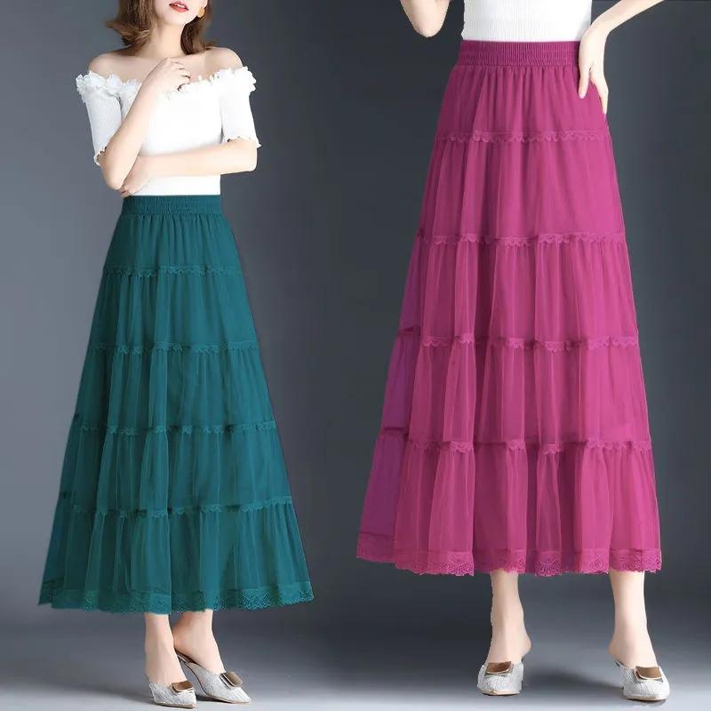Three-layer Large Swing Mesh Skirt Women's Spring and Summer A-line Pleated Cake Skirt Lace Edge Drape Long Skirt Solid Color Gauze Skirt