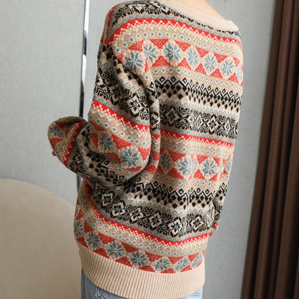 Round Neck Vintage Jacquard Woollen Sweater Women  Loose Outer Wear/bottoming  Knitted Pullover Top