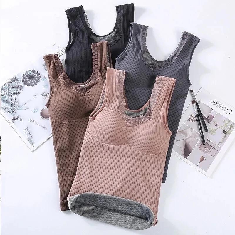 Sexy Winter Clothing Thermal Vest with Pad Women Velvet Warm Thermal Underwear Sleeveless Slim Seamless V Neck Lace Undershirt