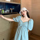 Women's Summer Puff Sleeve Dress Slim Solid Color V-neck A-line Skirt