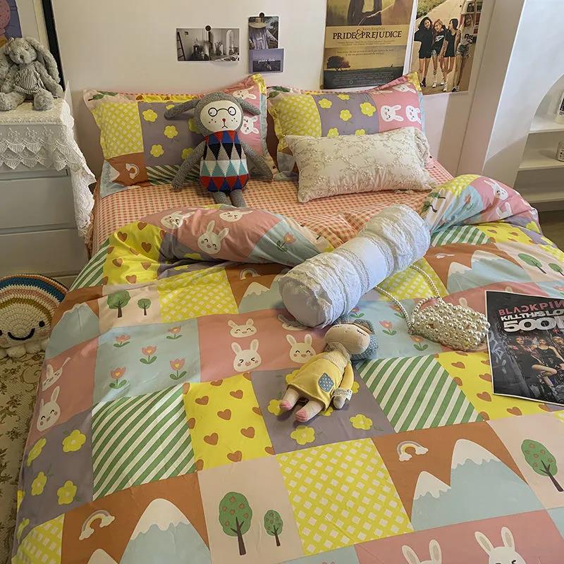 Simple Spring and Summer Love College Style Four-piece Bedding Set for Student Dormitory Blue Duvet Cover Four-piece Set
