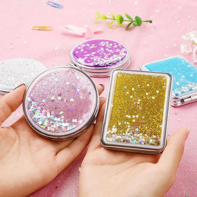 Mini Vanity Mirror Hand-held Makeup Mirror Schoolgirl Woman Flip Foldable Portable Quicksand Sequins Small Rectangle Mirror