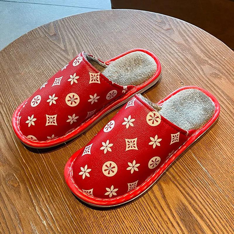 PU Waterproof Slippers Women Men Winter Plush Keep Warm Flat Home Shoes Woman Soft Comfort Female Shoes Sewing Interior Slipper