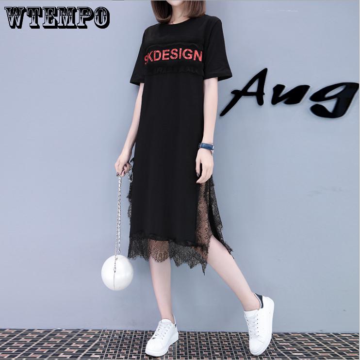 Skirt Summer Dress Female Fashion Loose Long Section Short-sleeved T-shirt Lace Split