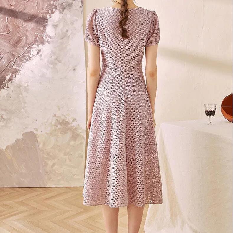 Women Summer Elegant Dress Vintage High Waist Short Sleeve Party Dress Slim Office V-neck Lace hollow Out Mid-length Dress