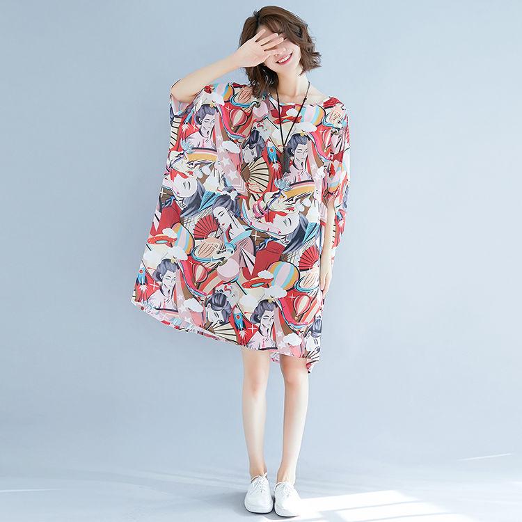 Printing  XL-XXXXXXL Summer Polyester Short-sleeved Knee-length A-line Dress
