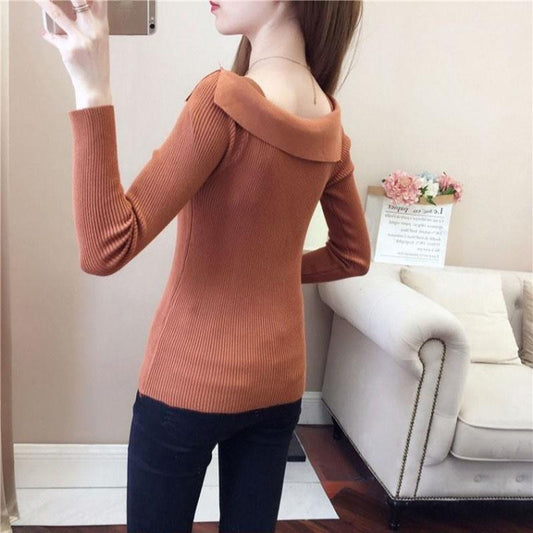 Autumn Winter Women's Boat Neck  Sweater Korean Style All-mach Striped Sweater Slim Long-sleeve Bottoming Top