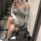 WTEMPO Sexy Woman Asymmetry Sling Dress Hollow Out Bare Shoulders Tight Hip Long Sleeve Nightclub Bar