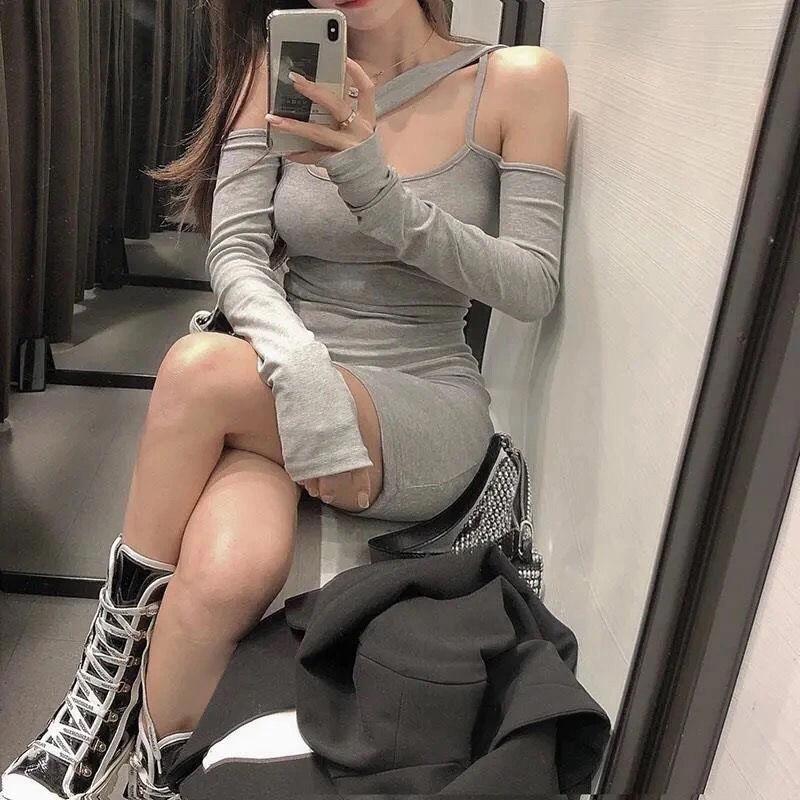 WTEMPO Sexy Woman Asymmetry Sling Dress Hollow Out Bare Shoulders Tight Hip Long Sleeve Nightclub Bar