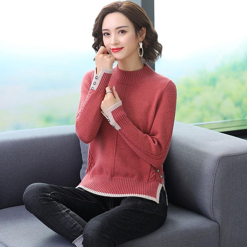 Winter Women Mid-High Collar Pullover Sweater Button Twist Loose Office Bottoming Shirt