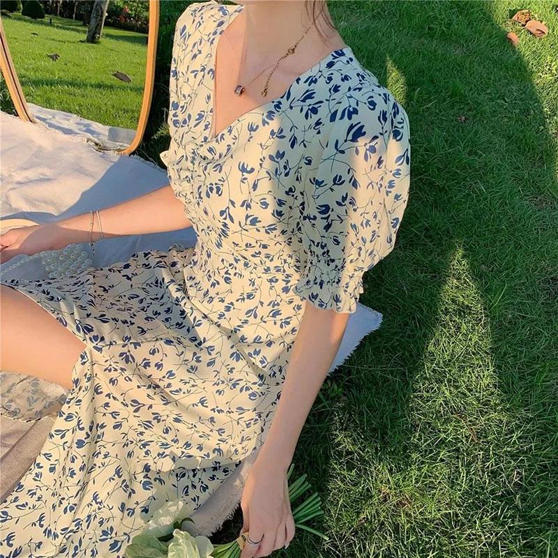 Women's Summer Long Dress V-neck Floral Puff Sleeve A-Line Dress