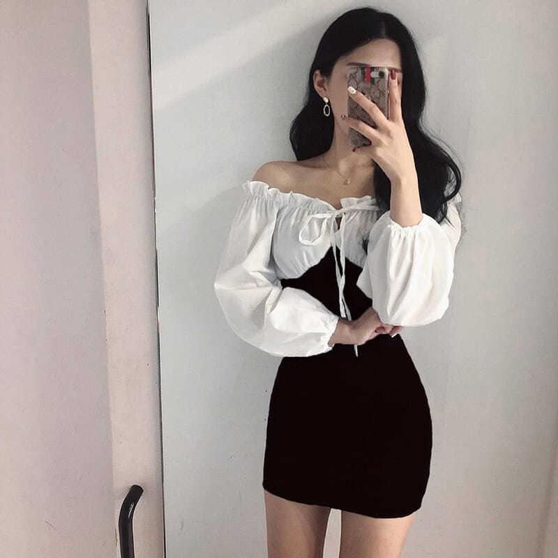 Women's Mid-length Black and White Stitching Sexy Strapless Long-sleeved Ruffled Lace-up Dress