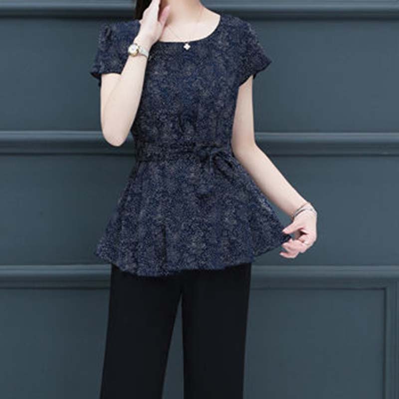 Women's Summer Short Sleeve Chiffon Shirt Waist Tie Round Neck Printed Top
