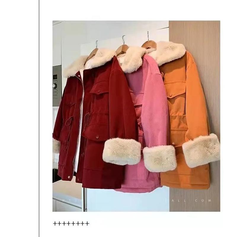 Women's Winter Plus Velvet Thickened Mid-length Cotton Coat Loose Drawstring Korean Style Cotton Coat Jacket Tooling Pie To Overcome Jacket Casual Top