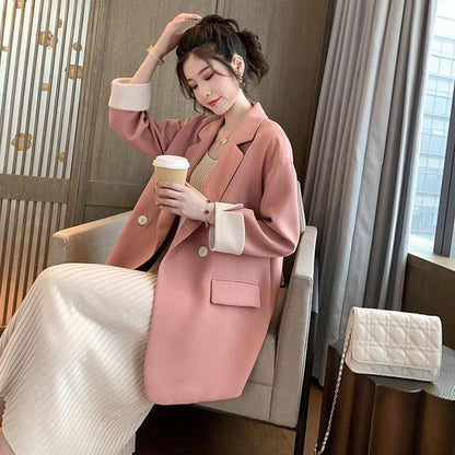 Korean Version   Pink Small Suit Jacket Women's Double-breasted Loose Casual Suit Spring  Autumn