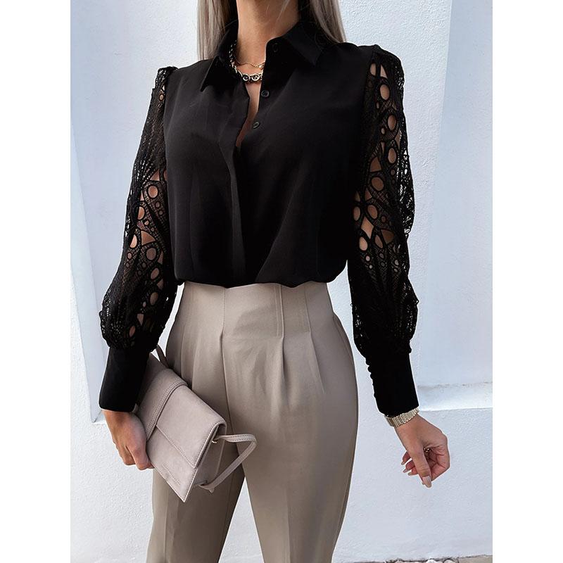 Elegant Long Sleeve Shirts Women Lapel Button Office Lady Top White Women's Sexy Embroidery Hollow Out Lace Blouse Streetwear Temperament Summer Top