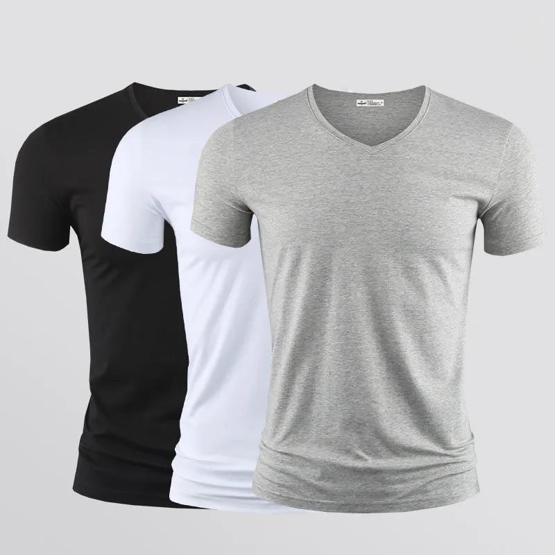 3pcs Modal T-shirt Slim Shirt Solid Color Casual Thin Tees V-Neck Short Sleeve Ice Silk Cool Pullover Men Clothing Summer