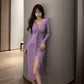 Sexy Royal Sister Dress Female Temperament Light Mature Wind Over The Knee Long Skirt Slit Drawstring V-neck Low-cut Thin Hip Skirt