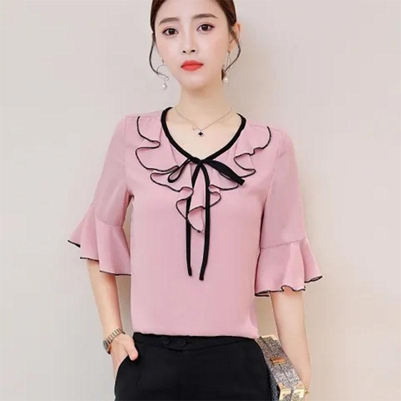 Short -sleeved Chiffon Shirt Female Summer Flared Sleeve Shirt Female