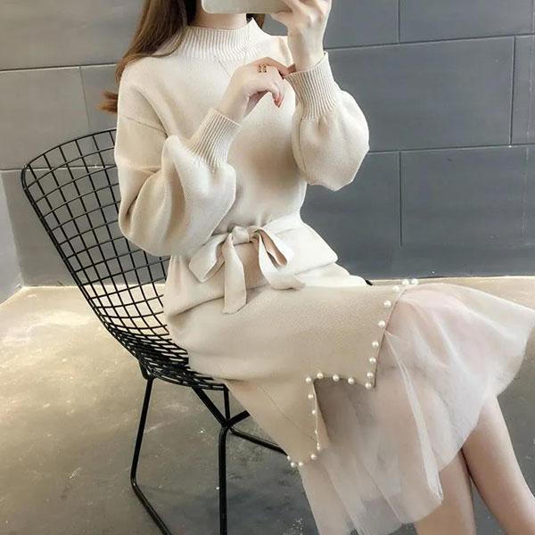 Women's Autumn and Winter Mid-length Half High Collar Pearl Two-piece Sweater Solid Color Mesh Splicing Belt Knitted Dress