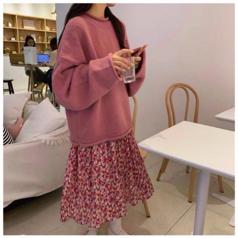 Pofulove Autumn Winter Korean Loose Lazy Candy Color Curled Half-high Collar Long-sleeved Sweater
