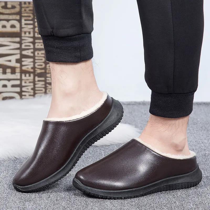 Women Unisex Winter Home Slippers Leather Waterproof Non Slip Slippers Plush Warm Indoor