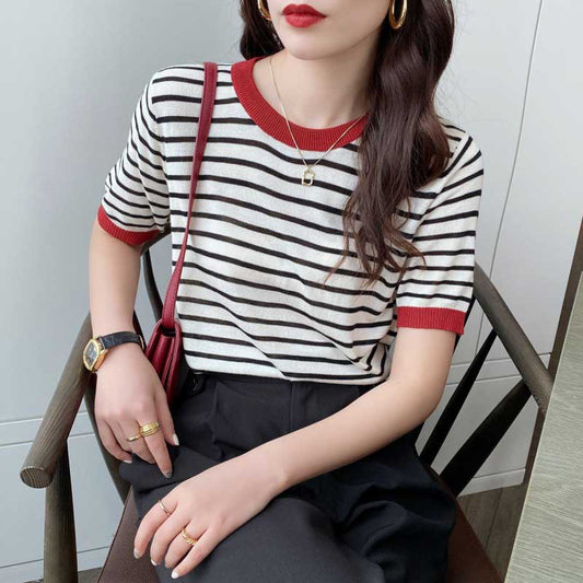Ice Silk Short-sleeved Knitted Sweater Women's Thin Striped T-shirt Bottoming Summer Half-sleeved Short Top
