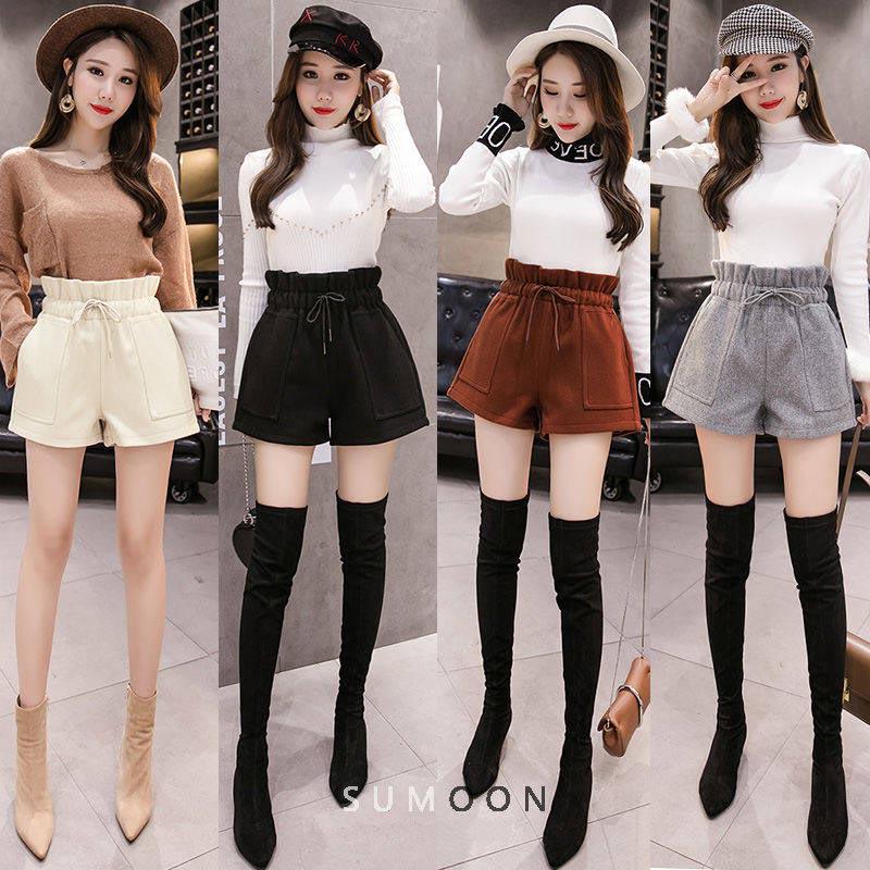 Fashion Short Pants Women High Waist Solid Woolen Female Shorts Casual Wide Leg Shorts Women